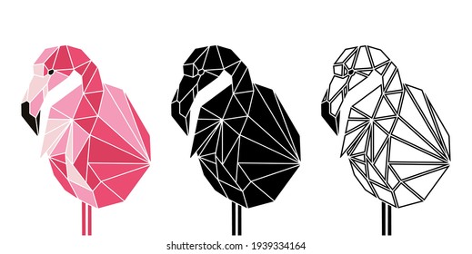 Abstract vector flamingo bird portrait in colour, black and outline variations. Totemic exotic birds