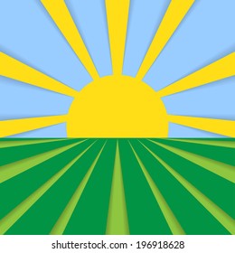 Abstract vector flat background cornfield and sun in blue sky. Sun and field. Healthy eating symbol for your design. Rural landscape with fields and sun.