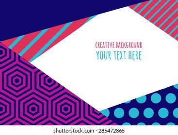 Abstract vector flat creative background. Multicolor color blocking frame with geometric pattern. Concept for flyer, invitation, greeting card, poster  with place for text. Universal template.