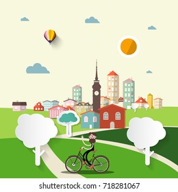 Abstract Vector Flat Design City with Man on Bicycle. 