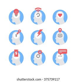 Abstract vector flat design colorful icon collection set of human brain thinking process, emotions, creative ideas, business solutions and development, personal opportunities