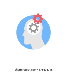 Abstract vector flat design colorful icon of human brain thinking process with machine gear, emotions, creative ideas, business solutions and development, personal opportunities