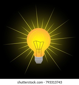 abstract vector flat design lightbulb with sparkle on black backround lamp