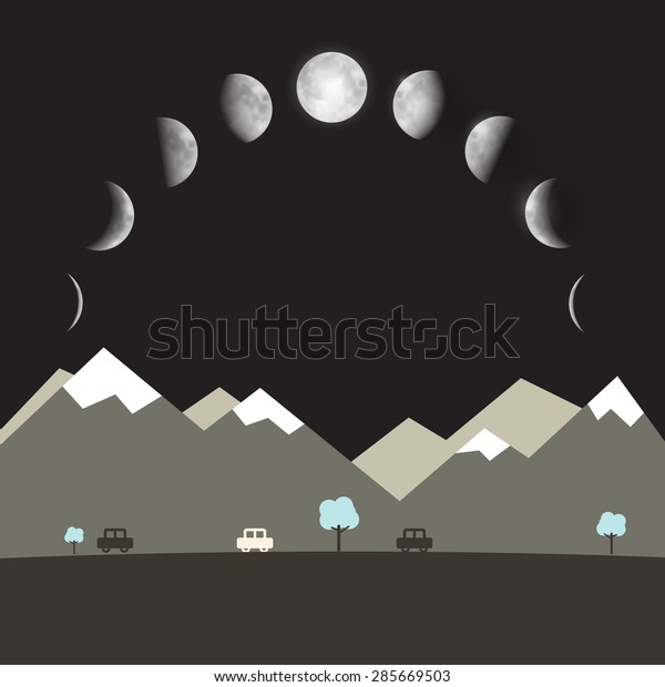 Abstract Vector Flat Design Night Landscape with\
Moon Phases