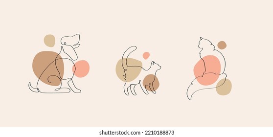 Abstrakter Vektorflachsatz mit einer Linie Kunstgrafik. Kontinuierliche Silhouette von Katzen und Hunden auf buntem Braun, Rosa und rotem Splash auf dem Hintergrund. Konzeptionelles Design für Poster, Banner