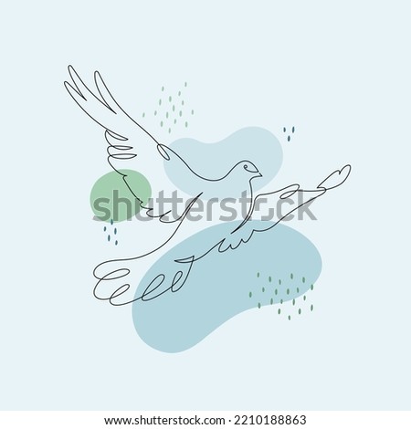 Abstract vector flat one line art illustration. Continous line bird or dove animal silhouette on colorful blue and green splash on background. Peace symbol. Conceptual design for poster, banner