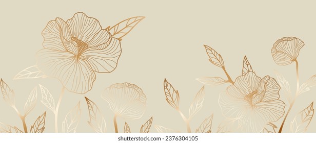 Abstract vector floral art background. Golden flowers and herbs in botanical style on a beige background. Luxury botanical cover design, vector art for wallpaper or wall decoration. hand drawing	