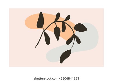 Abstract vector floral background with black branch with leaves and paint blots.