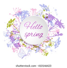 Abstract vector floral background with flowers and butterflies. Round abstract banner with flowers.