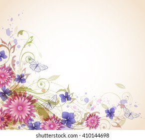 Abstract vector floral background with pink flowers and butterflies.