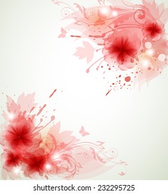 Abstract vector floral background with red flowers and leaves