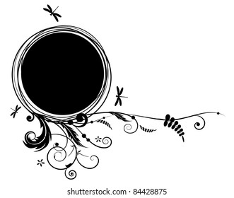 abstract vector floral banner with dragonflies in black and white colors