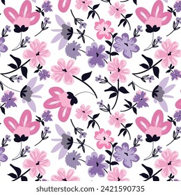 Abstracto vectorial floral 
 patrón con flores pequeñas y hojas sobre fondo blanco.