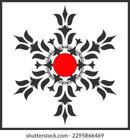 Abstract vector floral decorative element with red circle. Black symmetrical flower on a white background.