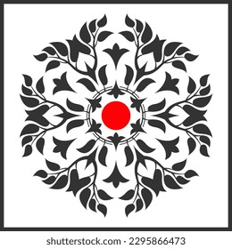 Abstraktes, blumengeschmücktes Element mit rotem Kreis. Schwarze, symmetrische Blume auf weißem Hintergrund.