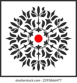 Abstract vector floral decorative element with red circle. Black symmetrical flower on a white background.