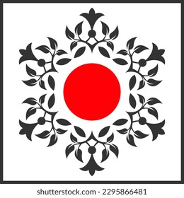 Abstract vector floral decorative element with red circle. Black symmetrical flower on a white background.