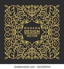 Abstract Vector Floral Frame With Copy Space For Text in Trendy Mono Line Style.  Monogram Design Element