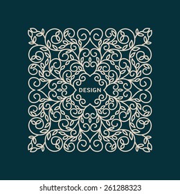 Abstract Vector Floral Frame With Copy Space For Text in Trendy Mono Line Style.  Monogram Design Element