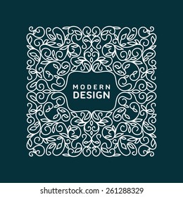Abstract Vector Floral Frame With Copy Space For Text in Trendy Mono Line Style.  Monogram Design Element