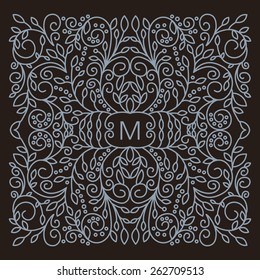 Resumen de marco floral vectorial con espacio de copia para texto en estilo moderno de línea monocroma.  Elemento de diseño de monograma