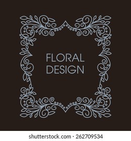 Abstract Vector Floral Frame With Copy Space For Text in Trendy Mono Line Style.  Monogram Design Element