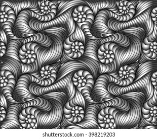 Abstract vector floral grey background of doodle hand drawn lines. Monochrome pattern. Black white wave wallpaper.