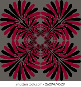 Abstract vector floral ornament featuring symmetrical hand-drawn petals in black and red tones, with a decorative vintage-style design and an isolated background.