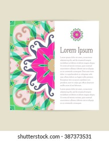 Abstract vector floral ornamental background in east style. Invitation or greeting card design with mandala. Vector illustration