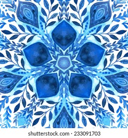 Abstract vector floral ornamental border. Lace pattern design. Watercolor ornament on blue background. Vector ornamental border frame. Can be used for Xmas banner, cards, wedding invitations etc
