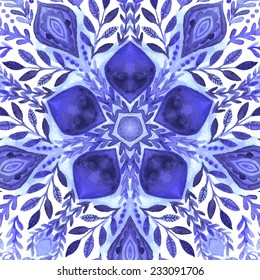Abstract vector floral ornamental border. Lace pattern design. Watercolor ornament on blue background. Vector ornamental border frame. Can be used for Xmas banner, cards, wedding invitations etc
