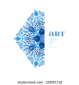 Abstract vector floral ornamental border. Lace pattern design. Watercolor ornament on blue background. Vector ornamental border frame. Can be used for Xmas banner, cards, wedding invitations etc