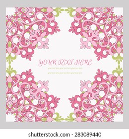 Abstract vector floral ornamental border. Lace pattern design. Pink and green ornament on white background. Vector ornamental border frame. Can be used for Xmas banner, cards, wedding invitations etc