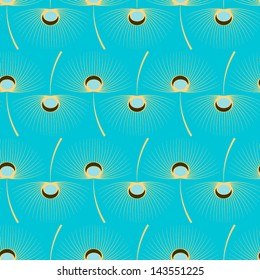 Abstract vector floral pattern with dandelion seeds and drops of dew on light blue background.