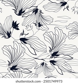 Abstract vector floral pattern with lined cosmos. Meadow plants, leaves, leaf and flowers. All over print. Botanical collage in modern flat style. Floral silhouettes