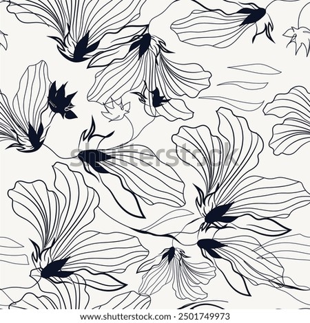 Abstract vector floral pattern with lined cosmos. Meadow plants, leaves, leaf and flowers. All over print. Botanical collage in modern flat style. Floral silhouettes