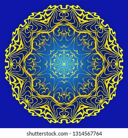 Abstract Vector Floral Pattern. Mandala Ornament. For Modern Interiors Design, Wallpaper, Textile Industry. Blue, yellow color.