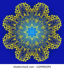 Abstract Vector Floral Pattern. Mandala Ornament. For Modern Interiors Design, Wallpaper, Textile Industry. Blue, yellow color.