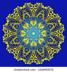 Abstract Vector Floral Pattern. Mandala Ornament. For Modern Interiors Design, Wallpaper, Textile Industry. Blue, yellow color.
