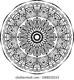 abstract vector with floral round lace mandala, decorative element in ethnic tribal style, black line art on a white background