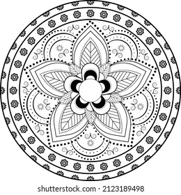 abstract vector with floral round lace mandala, decorative element in ethnic tribal style, black line art on a white background
