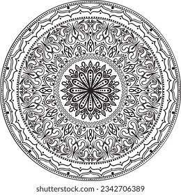 abstract vector with floral round lace mandala, decorative element in ethnic tribal style, black line art on a white background