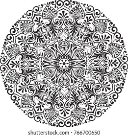 abstract vector with floral round lace mandala, decorative element in ethnic tribal style, black line art on a white background