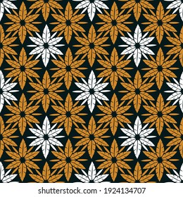 Abstract vector floral seamless pattern. Mustard colored flowers from leaves on a dark blue background