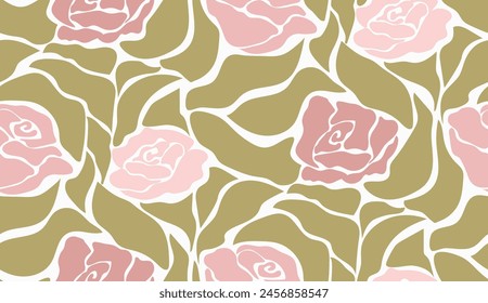 Abstract vector floral seamless pattern. Minimalistic romantic roses graden retro 70s style groovy flowers design for prints.