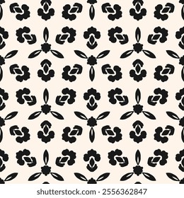 Abstract vector floral seamless pattern. Elegant black and white ornament background with curly shapes, leaves, flower silhouettes. Simple texture in oriental style. Monochrome repeatable geo design