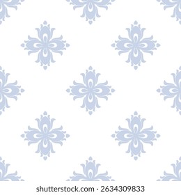 Abstract vector floral seamless pattern. Simple geometric ornament with ethnic folk motif. Blue and white background texture with flower silhouettes, leaves. Elegant repeated design for textile, decor