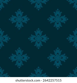 Abstract vector floral seamless pattern. Simple geometric ornament with ethnic folk motif. Subtle dark blue background texture with flower silhouettes, leaves. Repeated geo design for textile, fabric