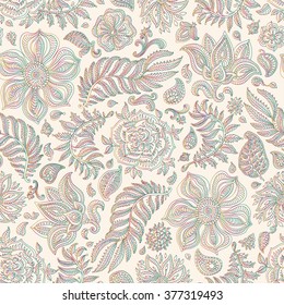 Abstract vector floral seamless pattern. Exotic Paisley elements, fantastic flower,leaves. Dark rainbow colored thin contour line. Fairy beige background.Textile bohemian print. Batik painting.Vintage