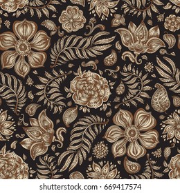 Abstract vector floral seamless pattern. Exotic Paisley elements, fantastic flower, leaves. Light beige gold silhouette. Fairy foliage on black background. Textile bohemian  print. Batik painting